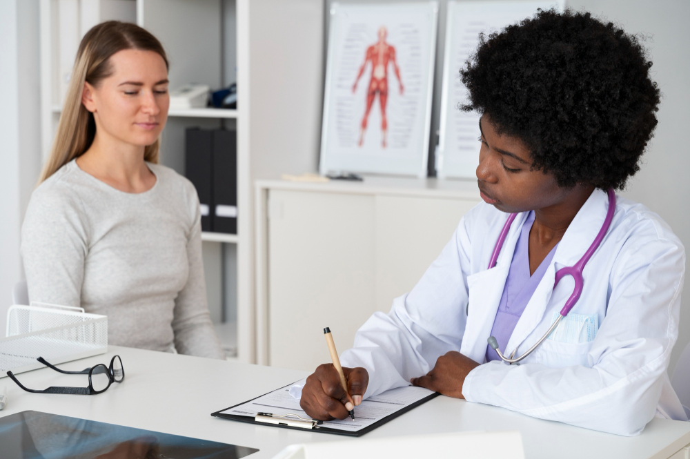 doctor writing a prescription to her patient