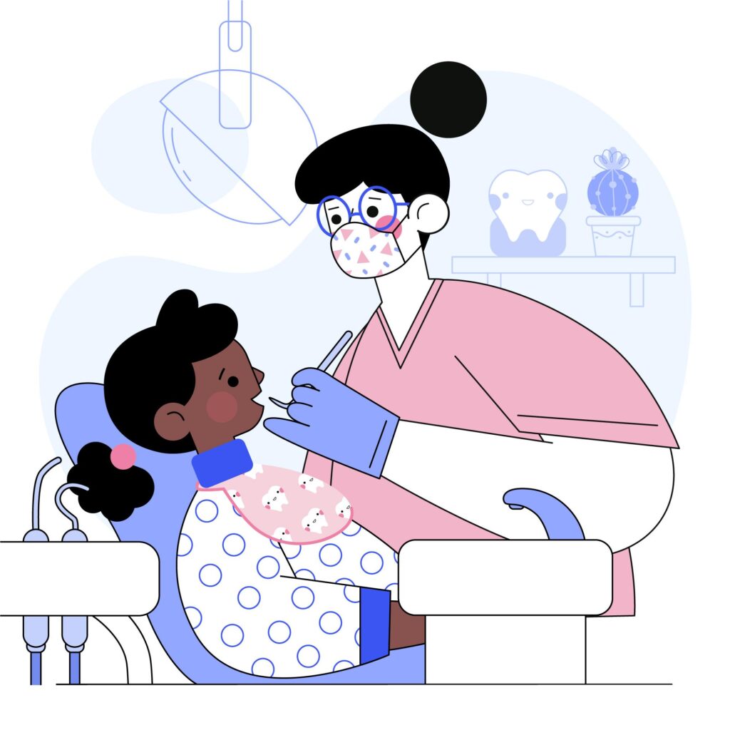 a pediatric dentist performing a routine check up on a 3 year old.